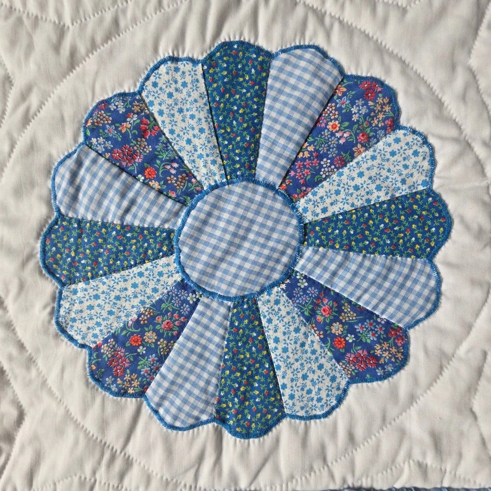 Vintage Handmade Blue Dresden Plate Quilt Ruffled Gingham Patchwork Bedspread